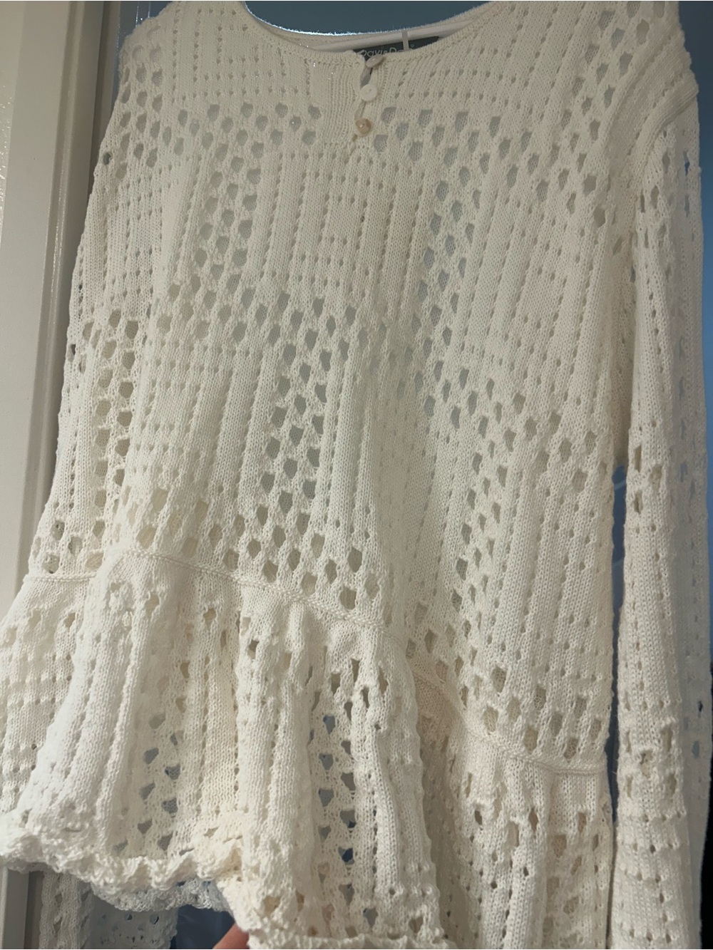 DAVI & DANI Open Crochet Cream Peplum Top